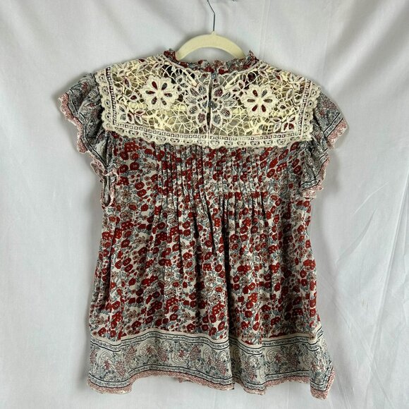 Othilia Anthropology Malia Shirt Women Large Red White Floral Lace Crochet Boho - Picture 7 of 10